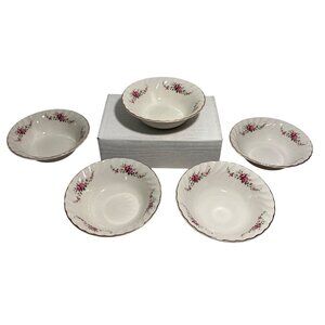 Ridgway Dainty Rose Ironstone Bowls Set Of 5 Pink Floral Design With Gold Trim